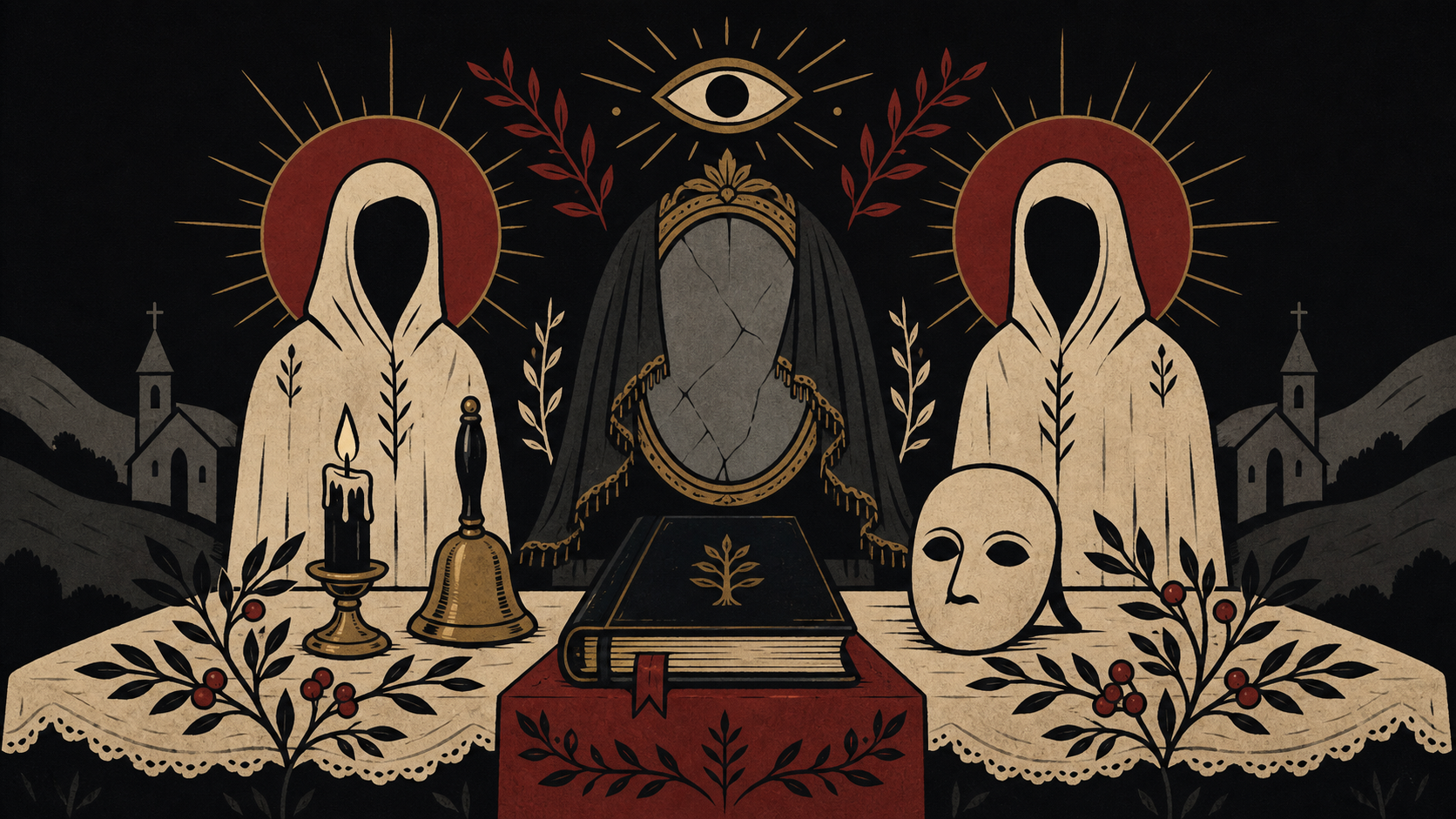 Flat folk horror scene with candles, masks, bells and hollow figures.