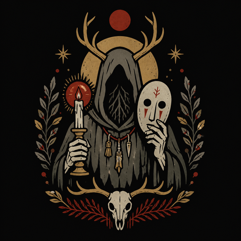 Flat folk horror T-shirt design with simple figure, candle and mask elements.