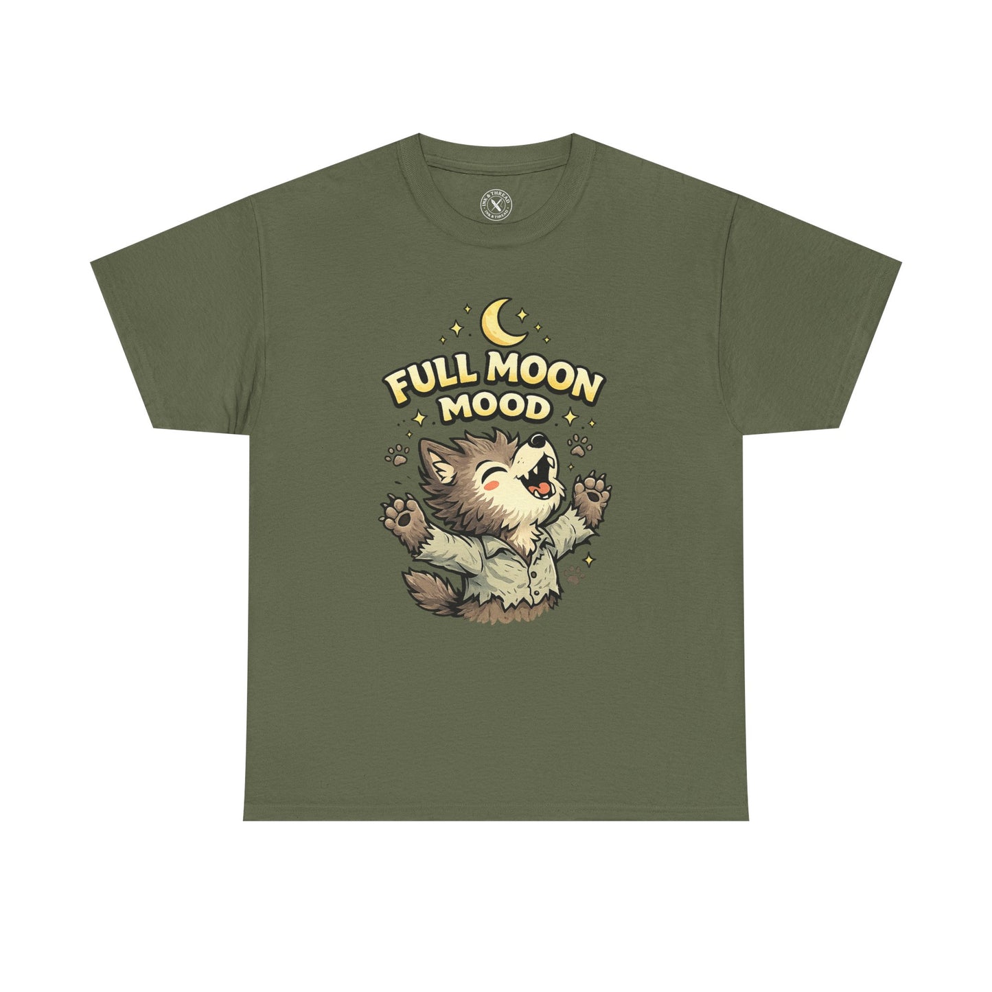 Full Moon Mood Werewolf Halloween T-Shirt in Olive Green - Cute Wolf Howling at Moon Design Unisex Tee