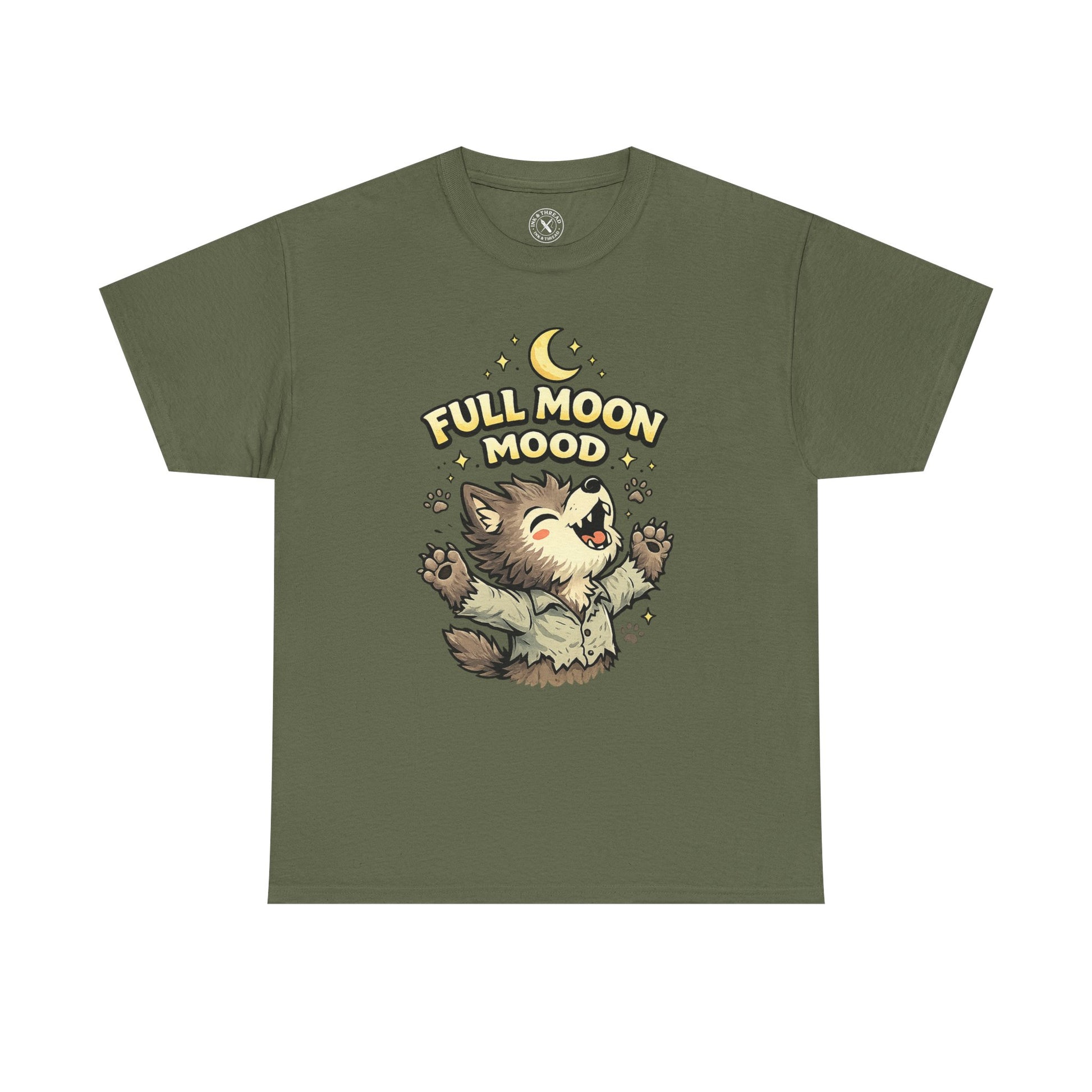 Full Moon Mood Werewolf Halloween T-Shirt in Olive Green - Cute Wolf Howling at Moon Design Unisex Tee