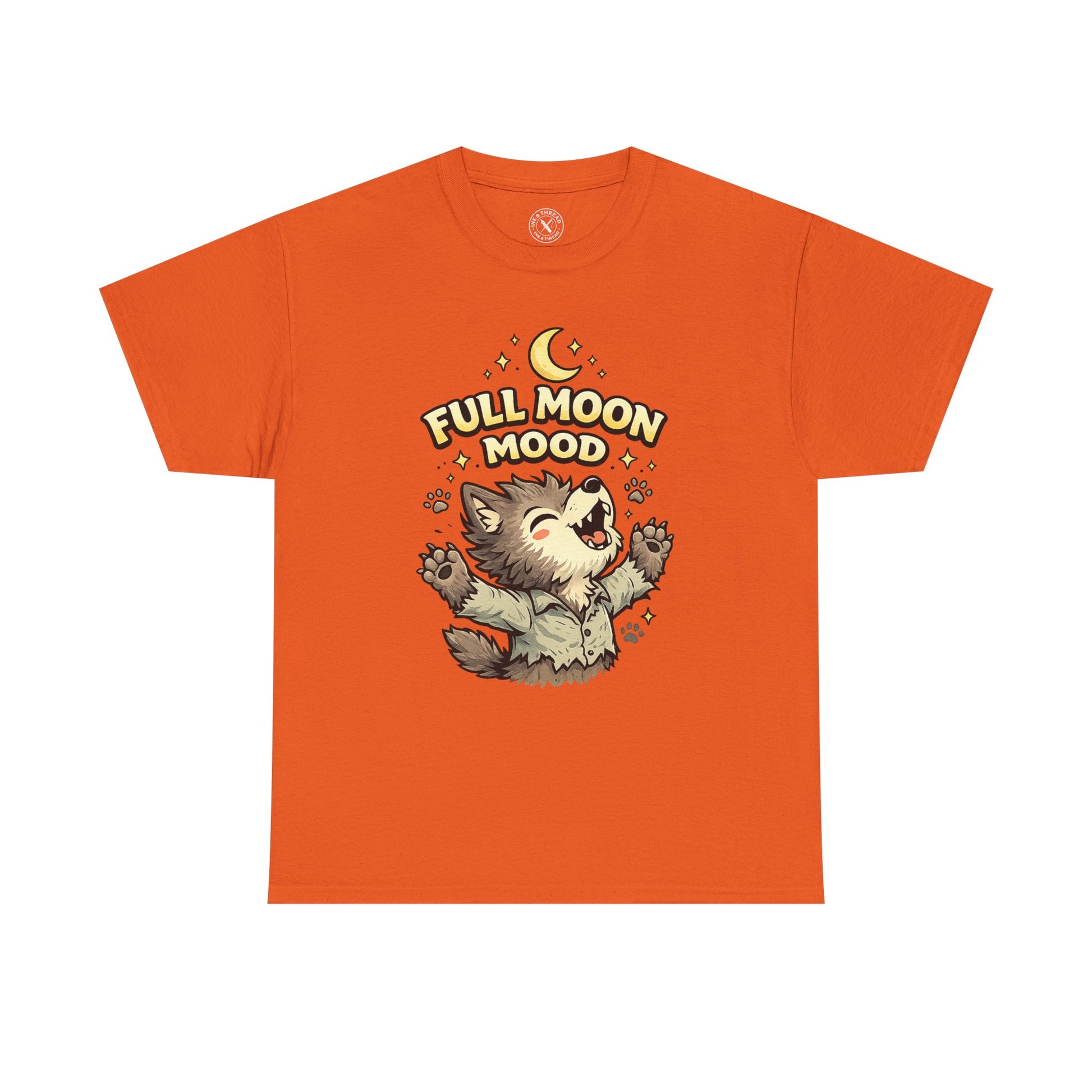 Full Moon Mood Werewolf Halloween T-Shirt in Orange - Cute Wolf Howling at Moon Design Unisex Tee