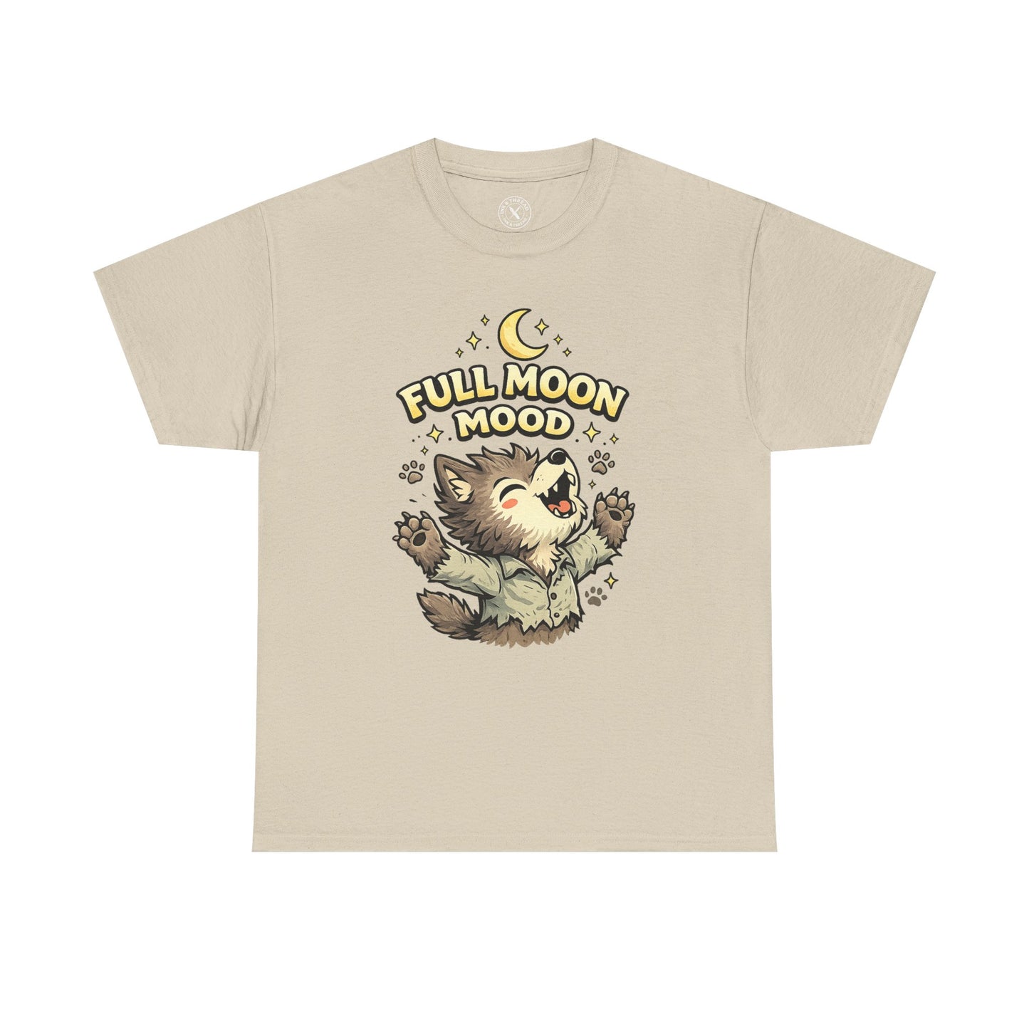 Full Moon Mood Werewolf Halloween T-Shirt in Sand Beige - Cute Wolf Howling at Moon Design Unisex Tee
