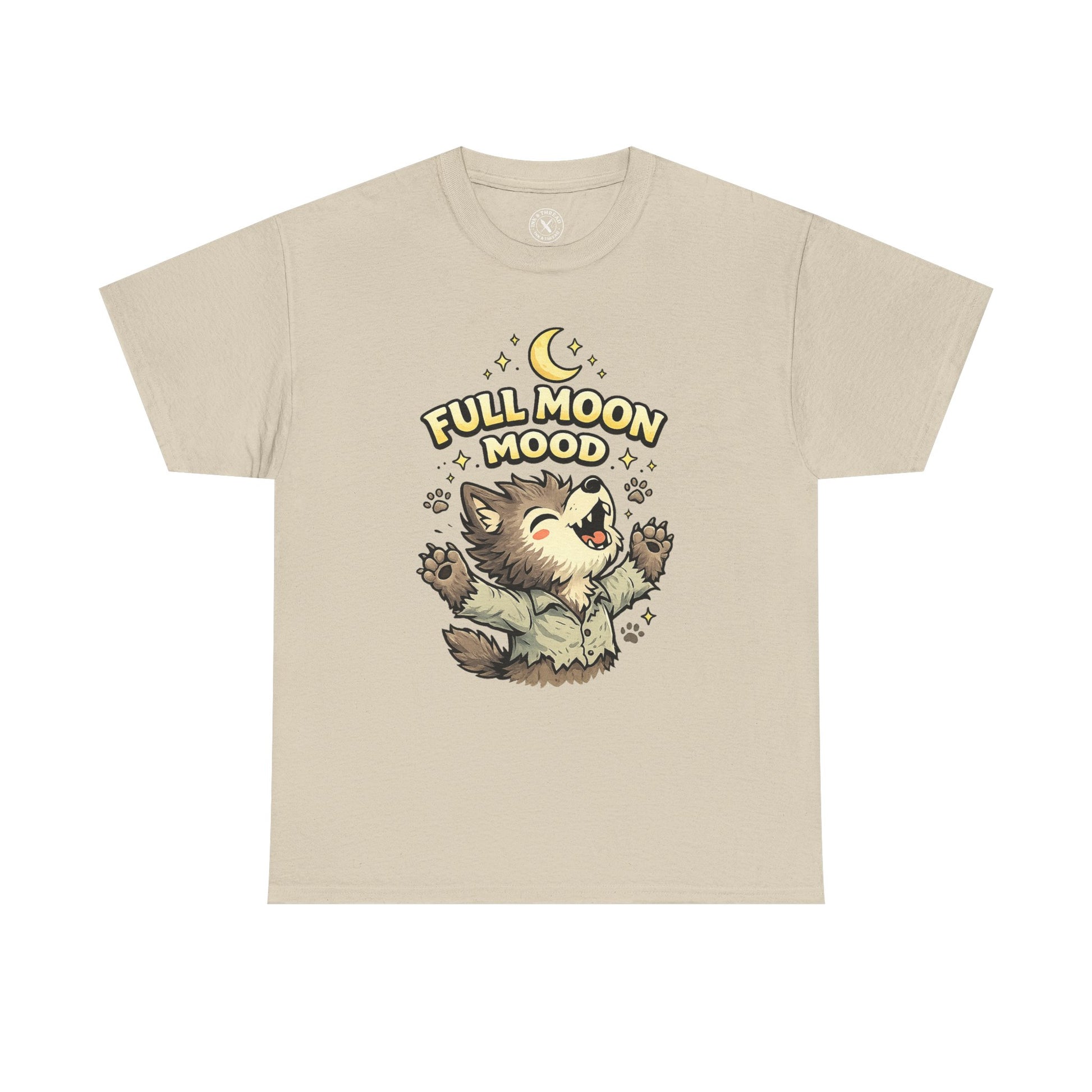 Full Moon Mood Werewolf Halloween T-Shirt in Sand Beige - Cute Wolf Howling at Moon Design Unisex Tee