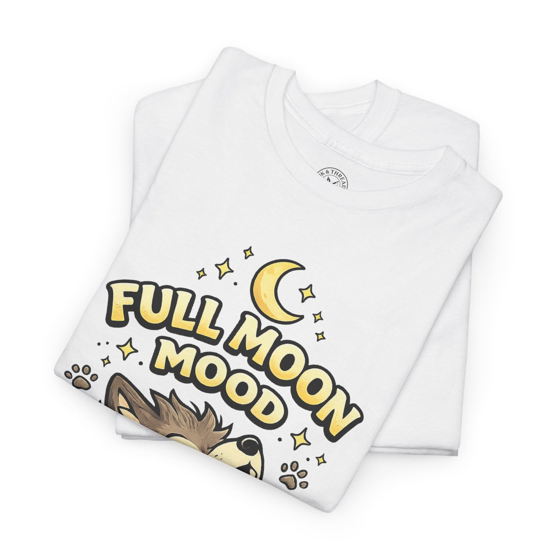 Full Moon Mood Werewolf Halloween T-Shirt in White - Folded View with Cute Wolf and Moon Design