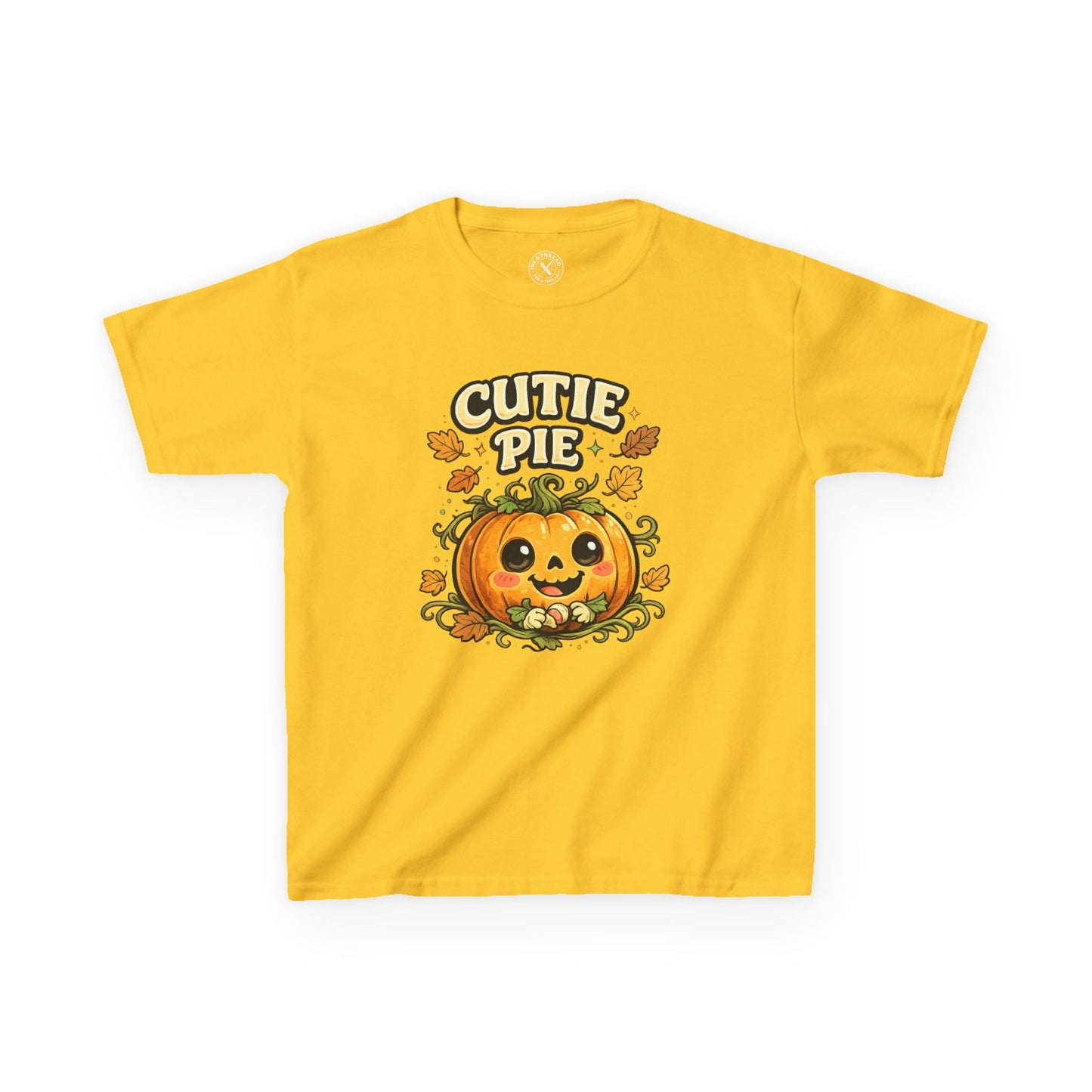 Golden yellow t-shirt featuring a cute smiling pumpkin with Cutie Pie Halloween graphic print