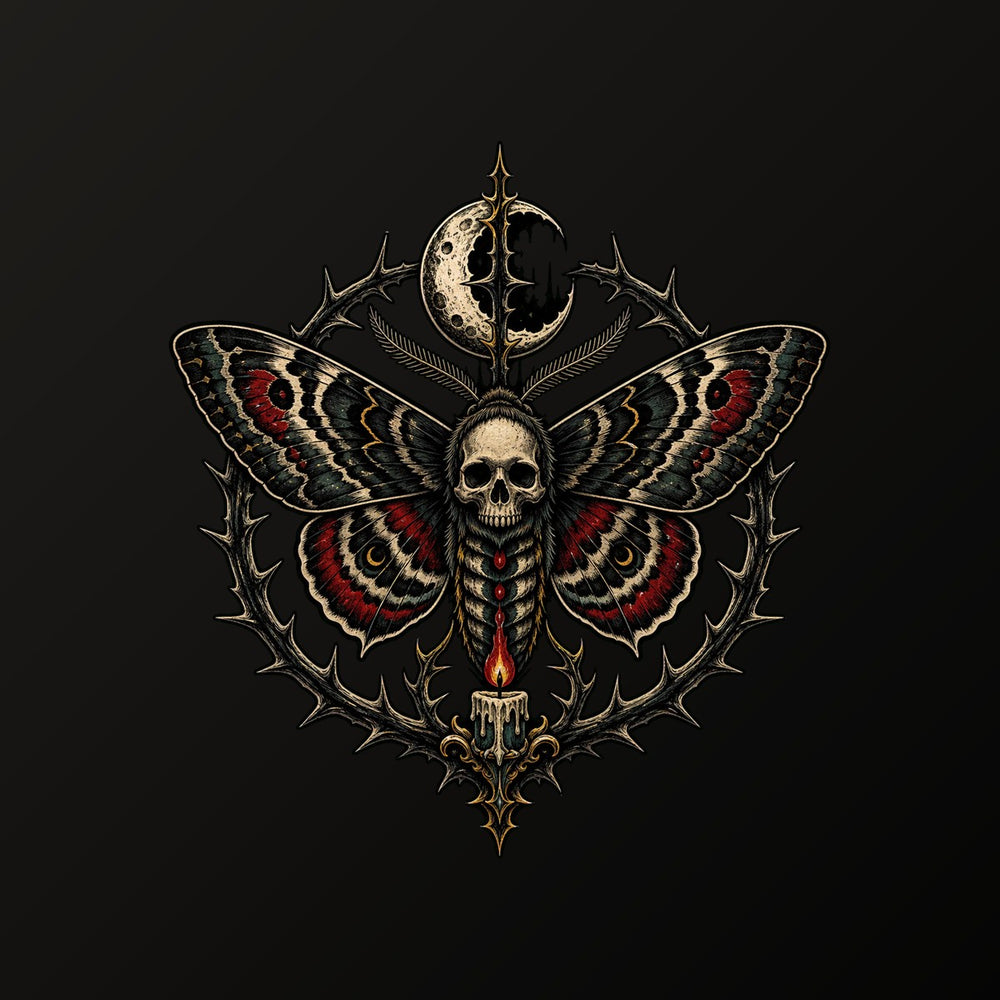 Gothic moth tattoo print with skull, thorns and moon