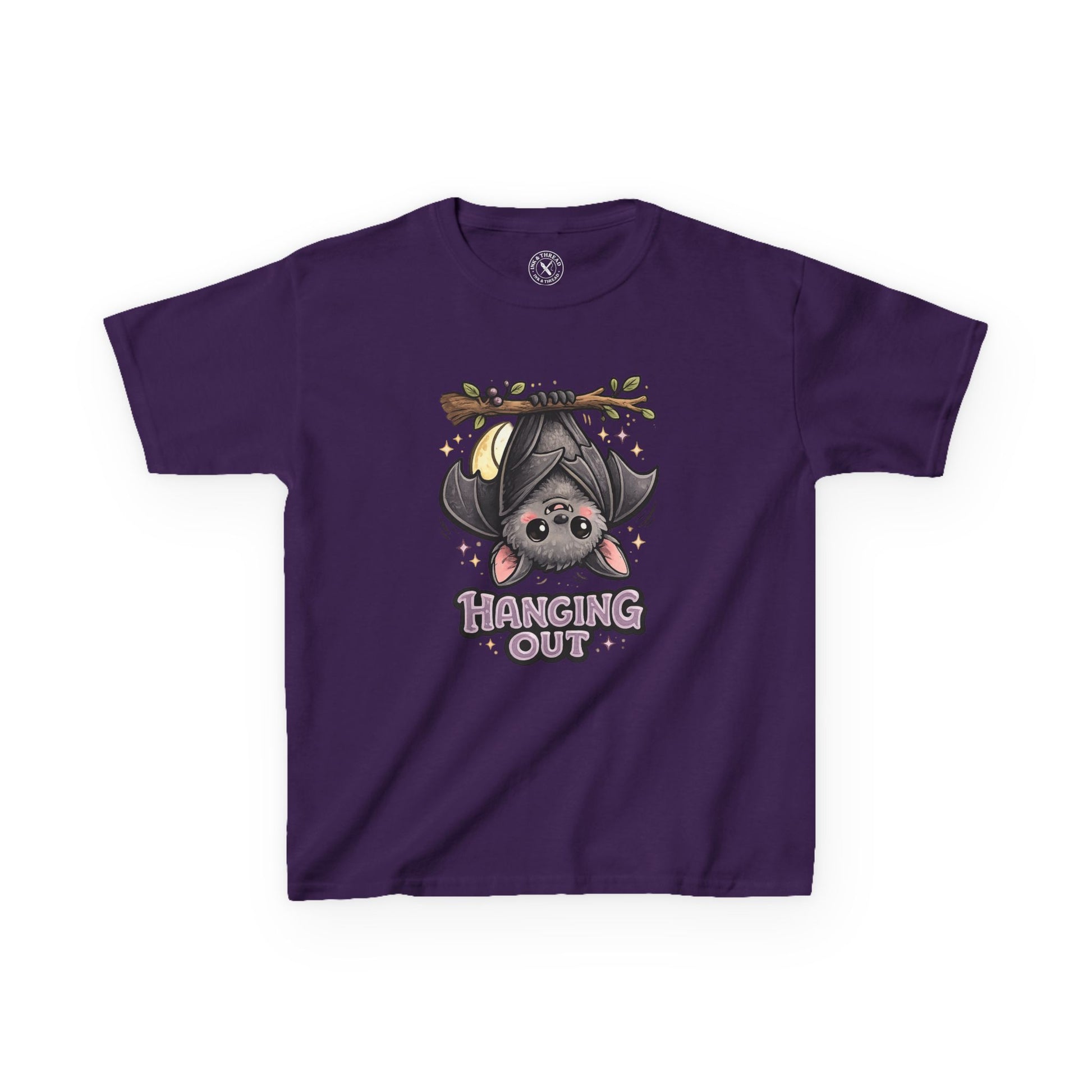 Dark purple t-shirt featuring a cute bat hanging upside down with Hanging Out graphic print