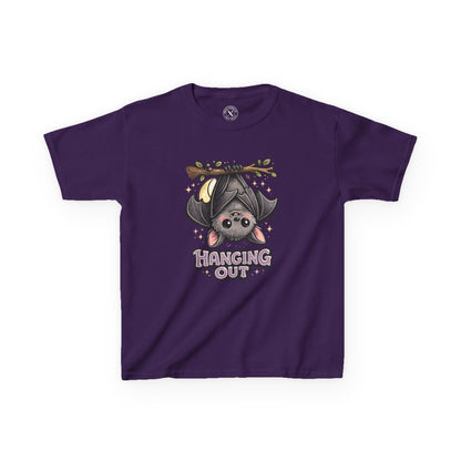 Dark purple t-shirt featuring a cute bat hanging upside down with Hanging Out graphic print