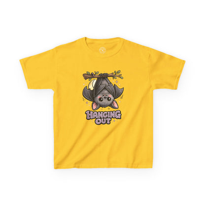 Hanging Out gold graphic t-shirt with cute cartoon bat hanging upside down from branch with sparkles
