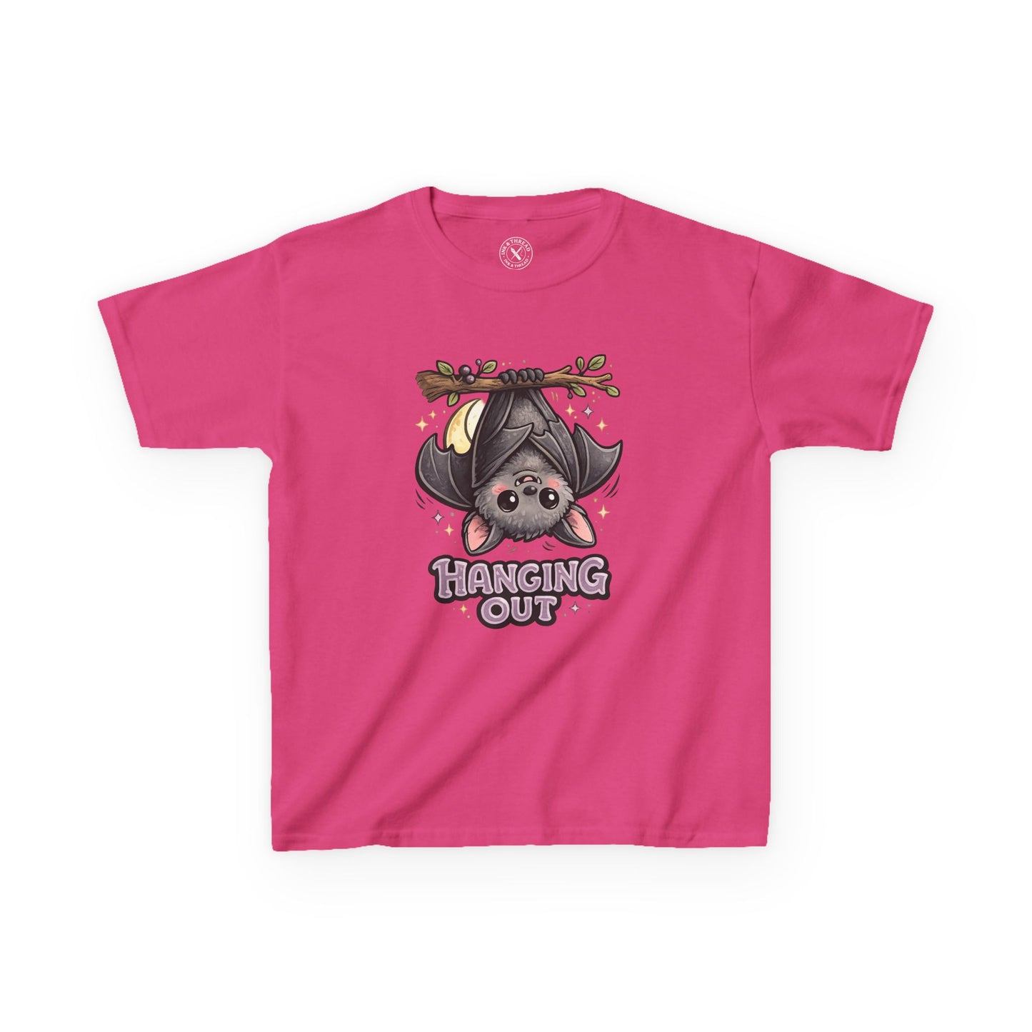Hanging Out hot pink graphic t-shirt with cute cartoon bat hanging upside down from branch with sparkles