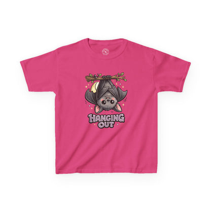 Hanging Out hot pink graphic t-shirt with cute cartoon bat hanging upside down from branch with sparkles