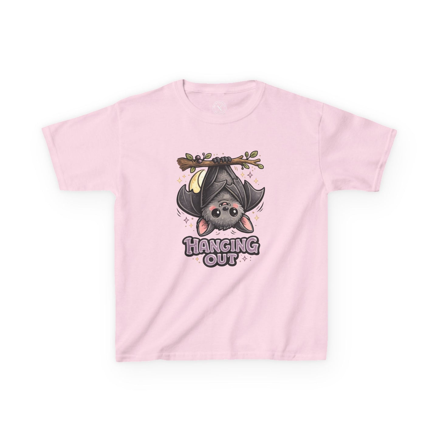 Hanging Out light pink graphic t-shirt with cute cartoon bat hanging upside down from branch with sparkles
