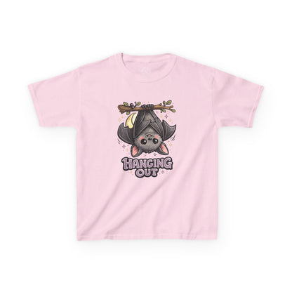 Hanging Out light pink graphic t-shirt with cute cartoon bat hanging upside down from branch with sparkles