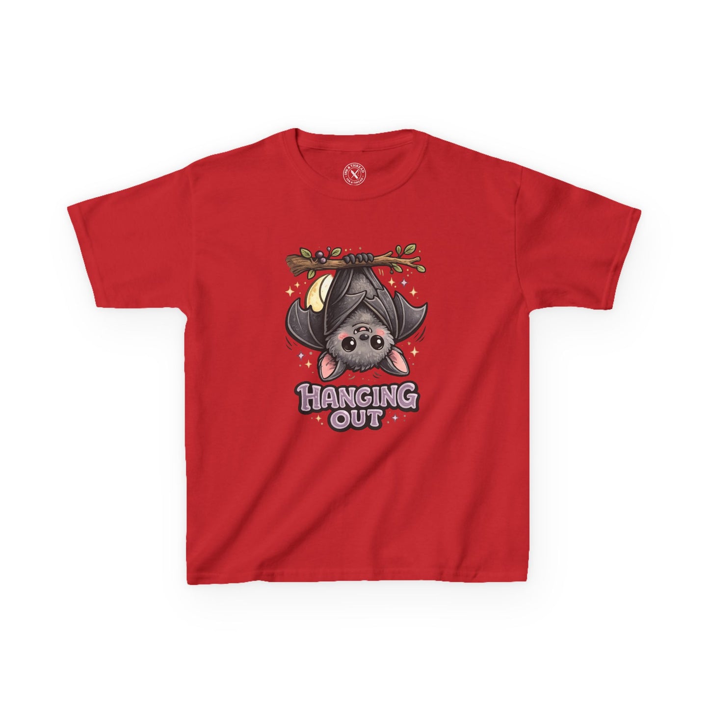 Hanging Out red graphic t-shirt with cute cartoon bat hanging upside down from branch with sparkles