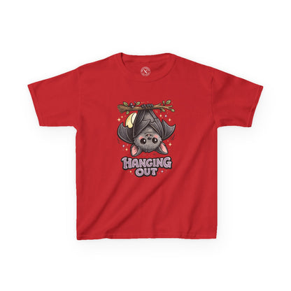 Hanging Out red graphic t-shirt with cute cartoon bat hanging upside down from branch with sparkles