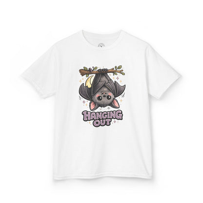 Hanging Out white graphic t-shirt with cute cartoon bat hanging upside down from branch design