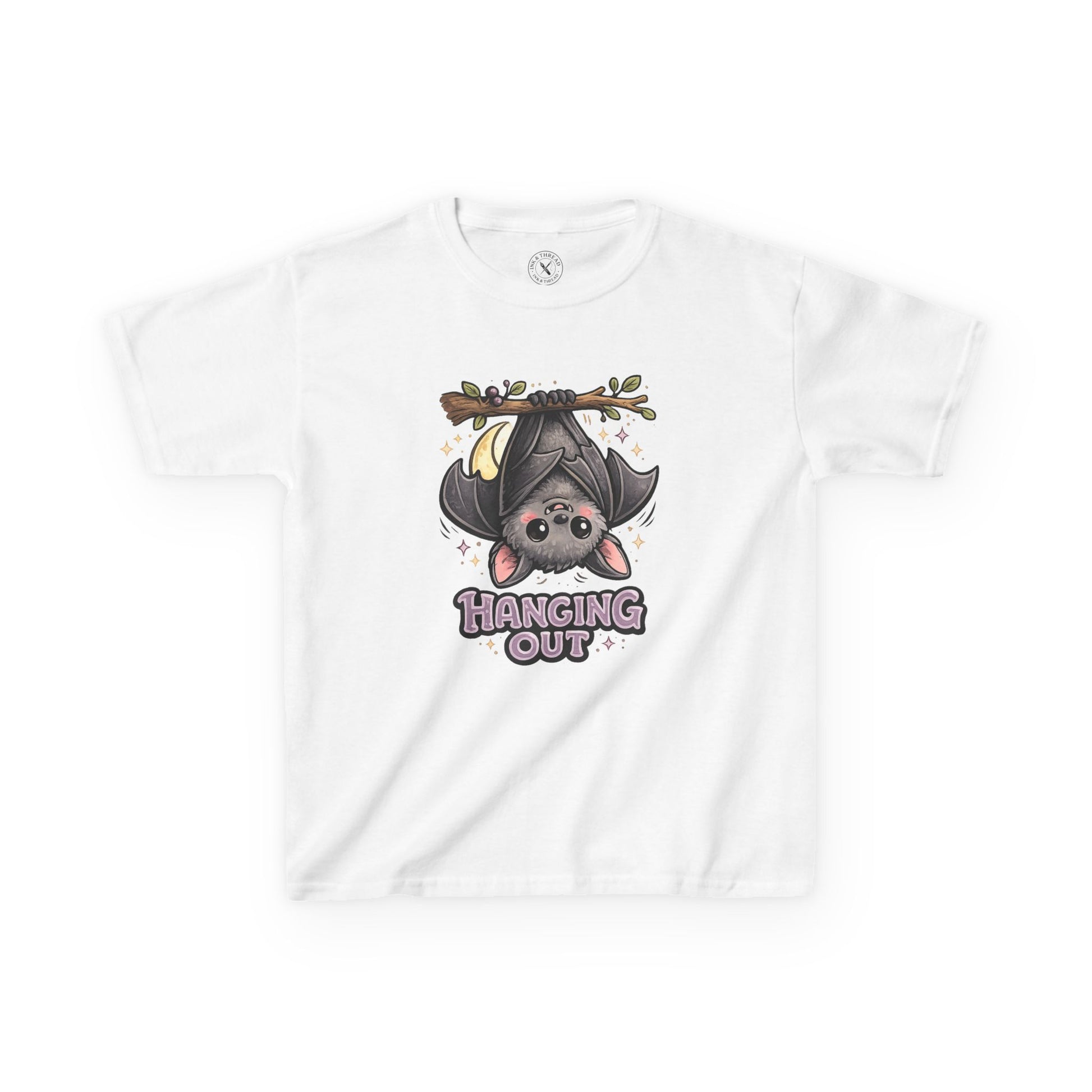 Hanging Out white kids graphic t-shirt with cute cartoon bat hanging upside down from branch with sparkles