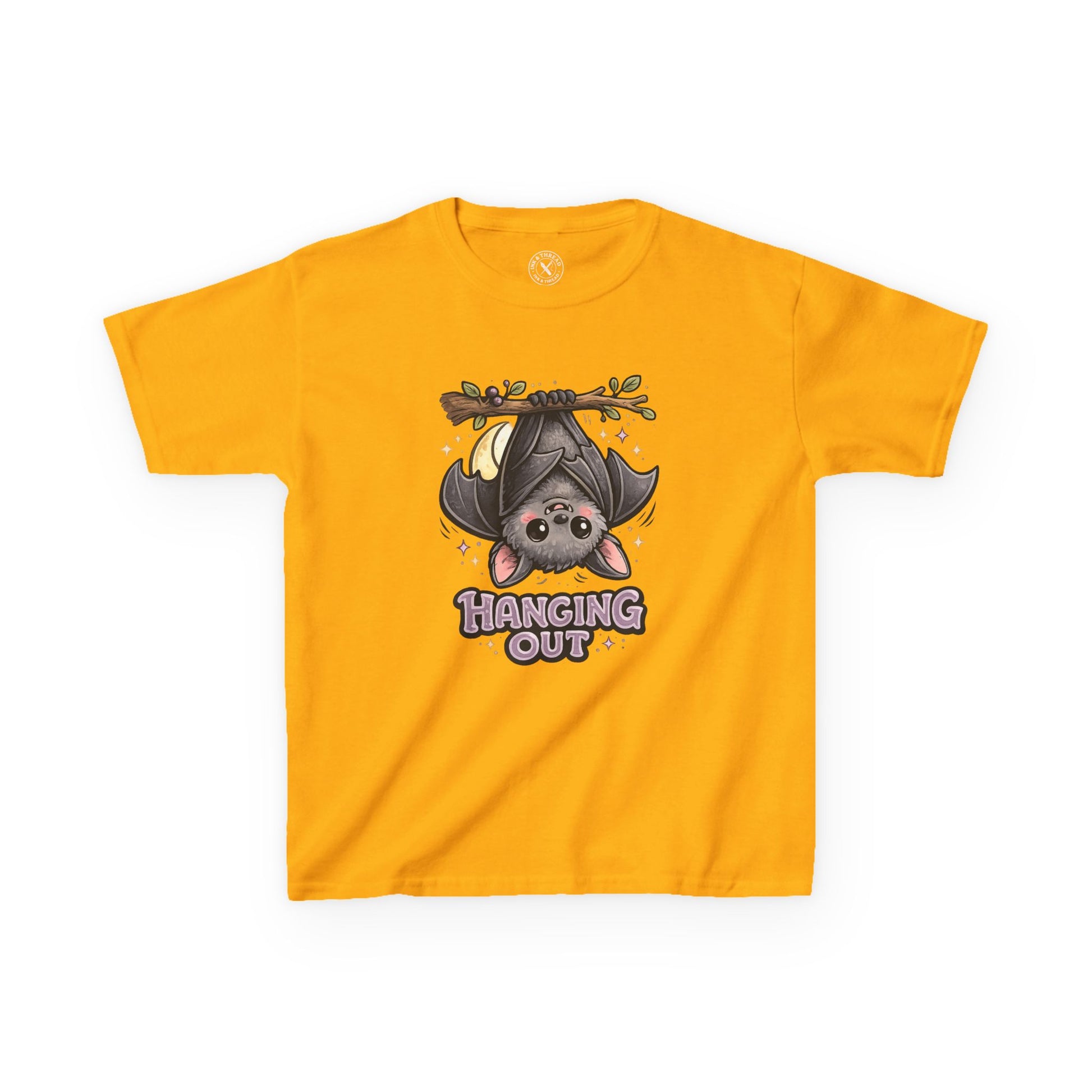 Hanging Out yellow graphic t-shirt with cute cartoon bat hanging upside down from branch with sparkles