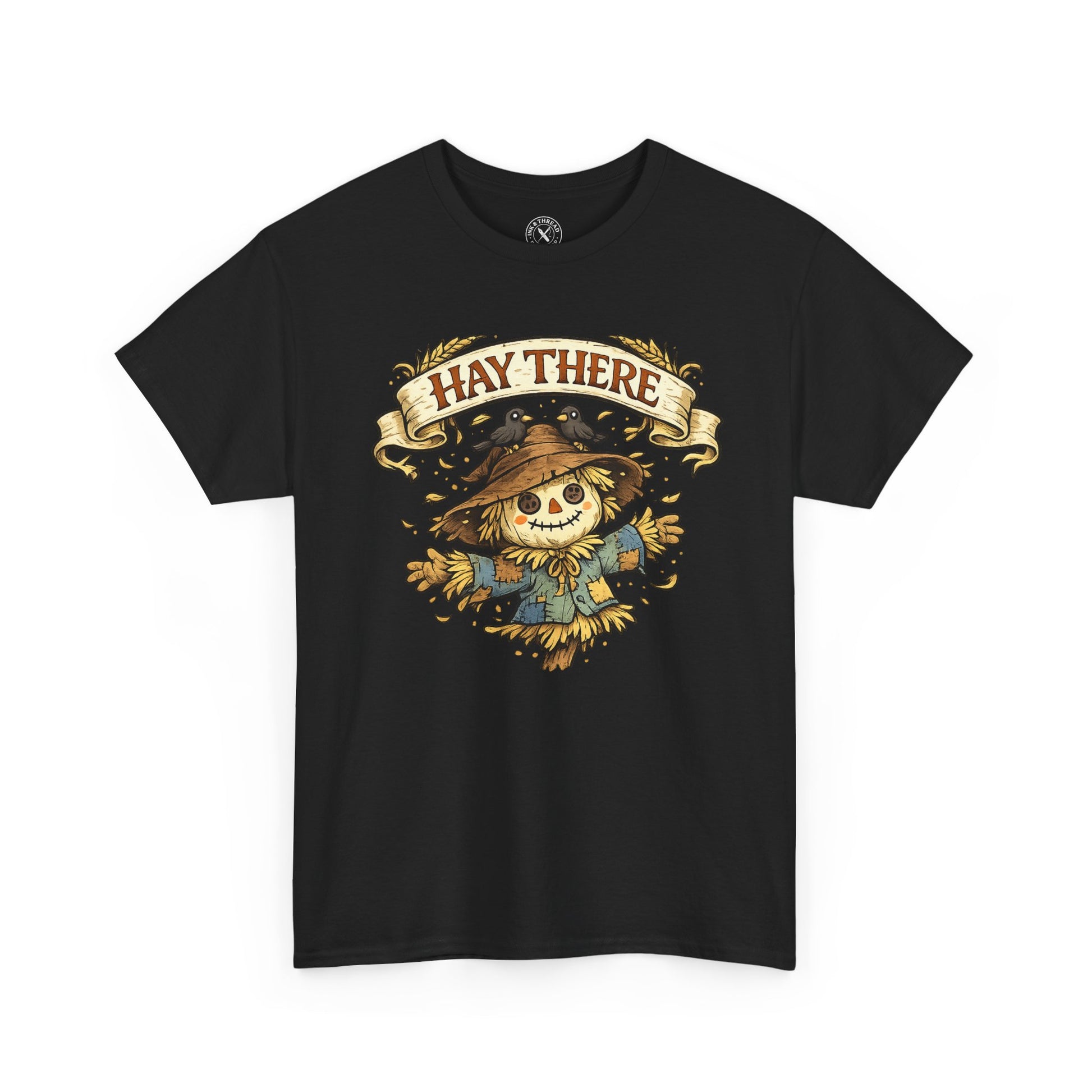 Hay There Scarecrow Halloween T-Shirt in Black - Vintage Scarecrow with Crow Autumn Design Unisex Tee