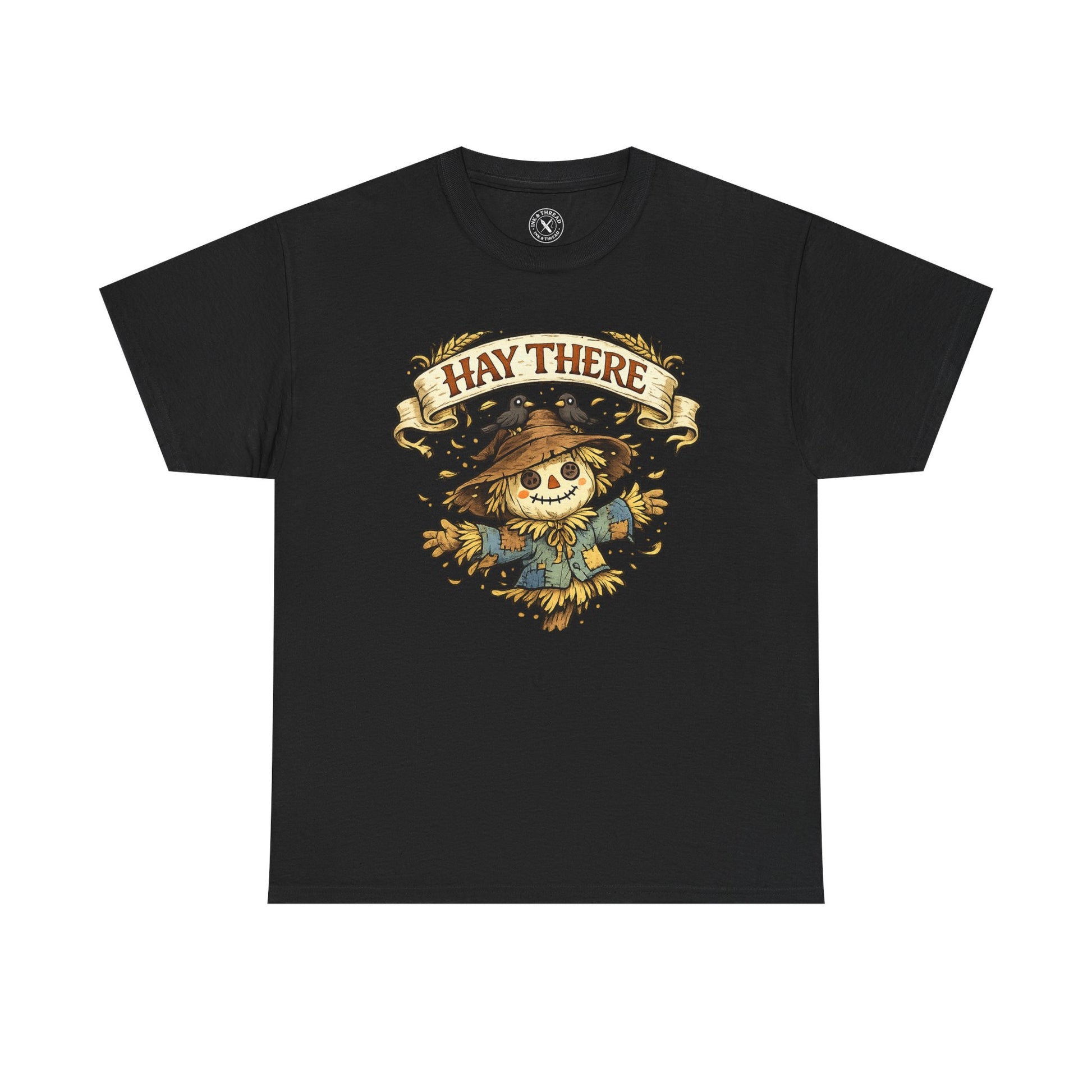 Hay There Scarecrow Halloween T-Shirt in Dark Grey - Vintage Scarecrow Autumn Design Unisex Tee