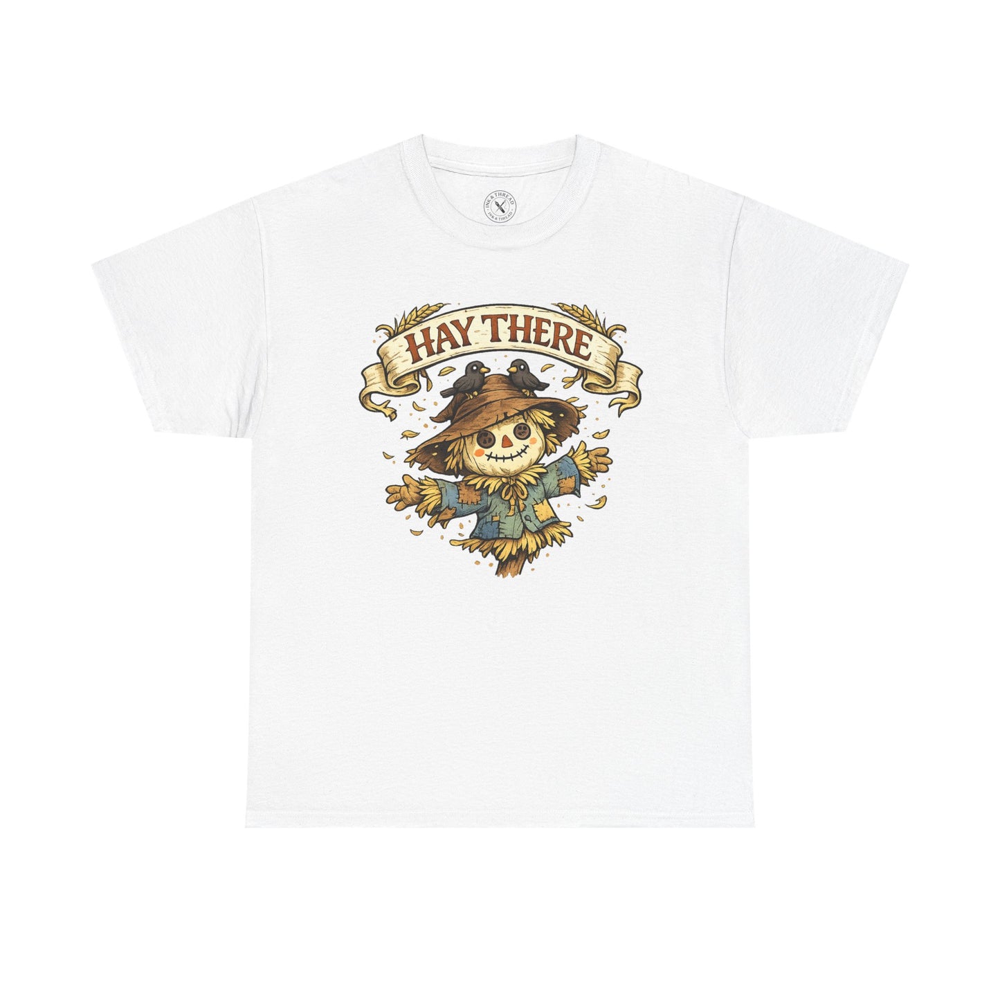 Hay There Scarecrow Halloween T-Shirt in Light Grey - Vintage Scarecrow with Crow Autumn Design Unisex Tee