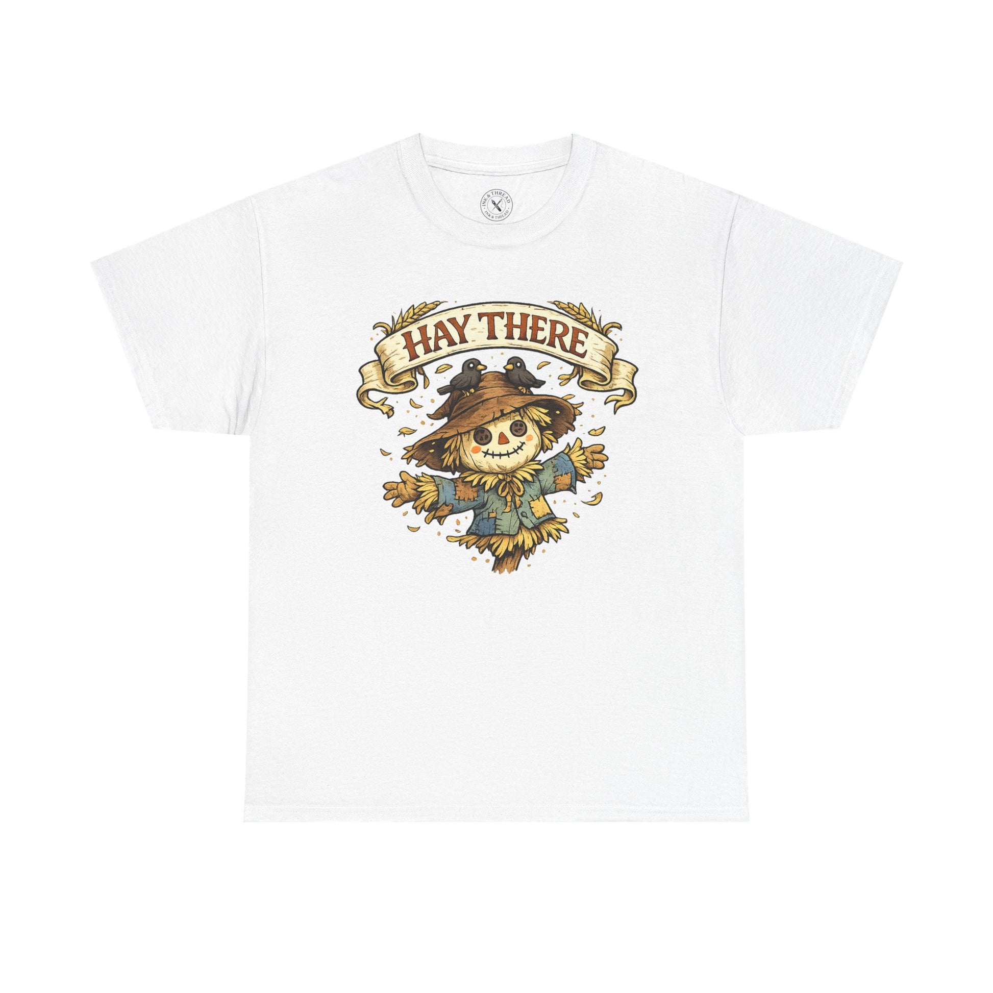 Hay There Scarecrow Halloween T-Shirt in Light Grey - Vintage Scarecrow with Crow Autumn Design Unisex Tee