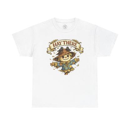 Hay There Scarecrow Halloween T-Shirt in Light Grey - Vintage Scarecrow with Crow Autumn Design Unisex Tee