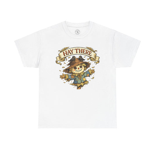 Hay There Scarecrow Halloween T-Shirt in Light Grey - Vintage Scarecrow with Crow Autumn Design Unisex Tee