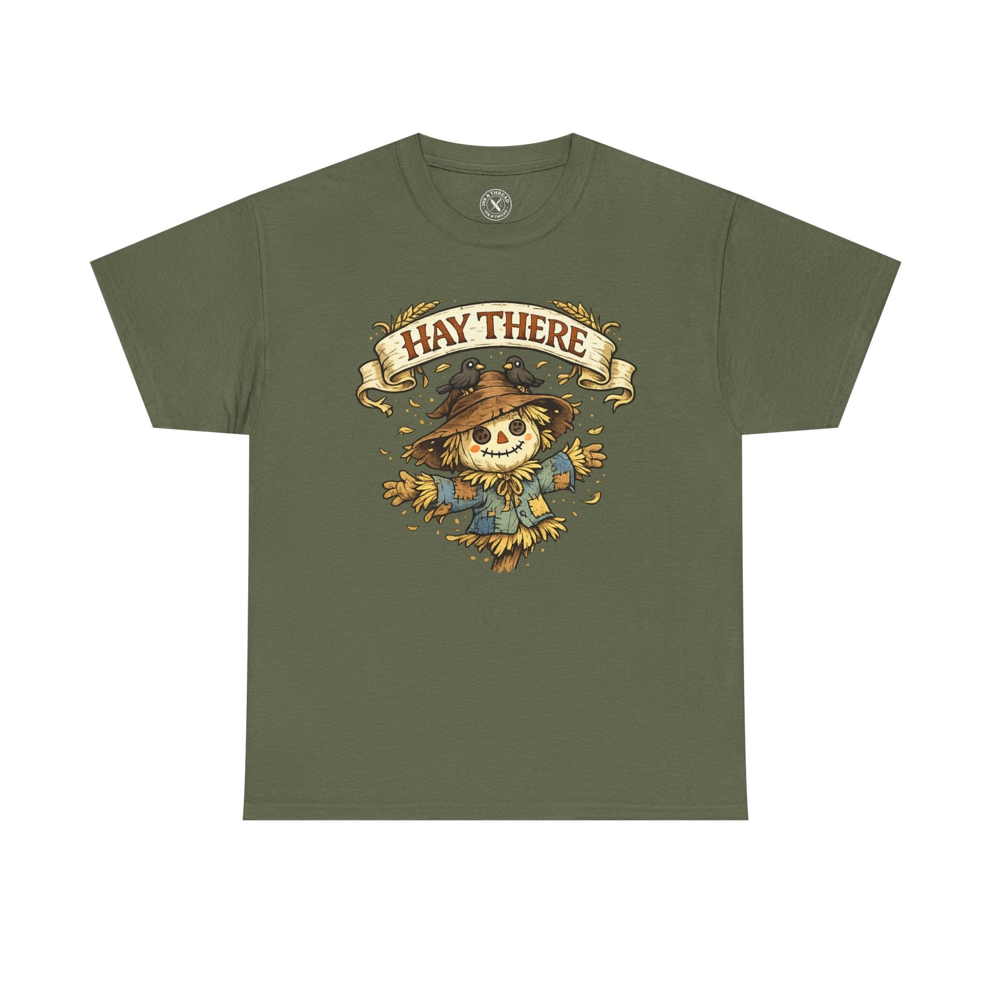 Hay There Scarecrow Halloween T-Shirt in Olive Green - Vintage Scarecrow with Crow Autumn Design Unisex Tee