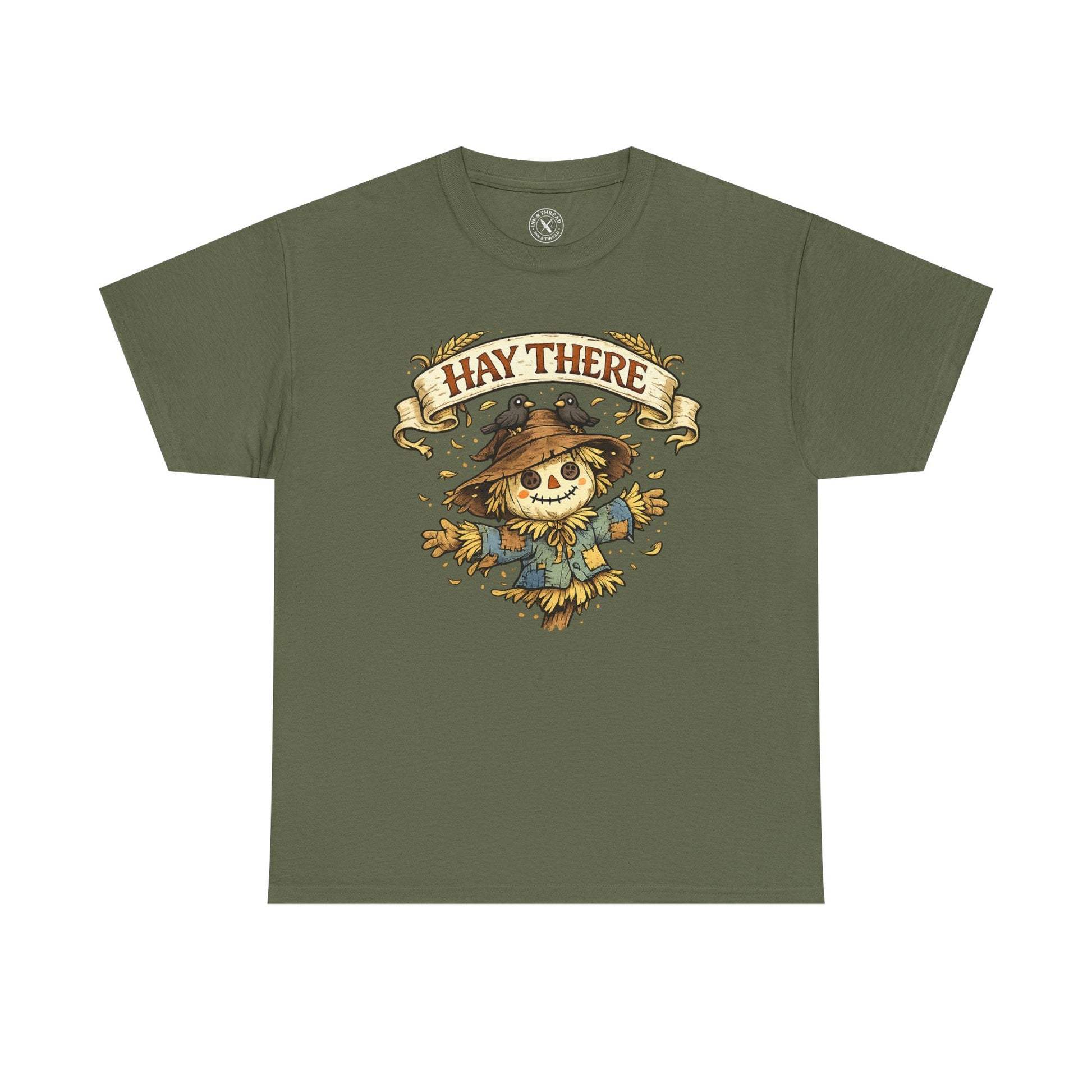Hay There Scarecrow Halloween T-Shirt in Olive Green - Vintage Scarecrow with Crow Autumn Design Unisex Tee