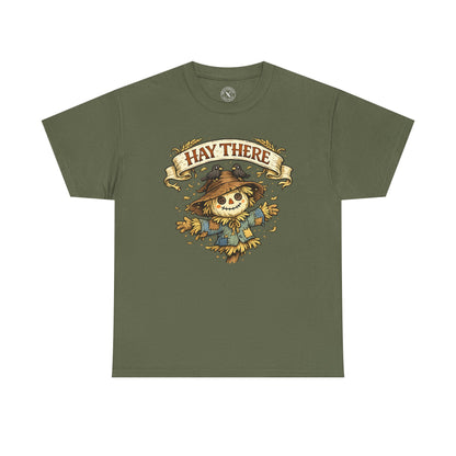 Hay There Scarecrow Halloween T-Shirt in Olive Green - Vintage Scarecrow with Crow Autumn Design Unisex Tee