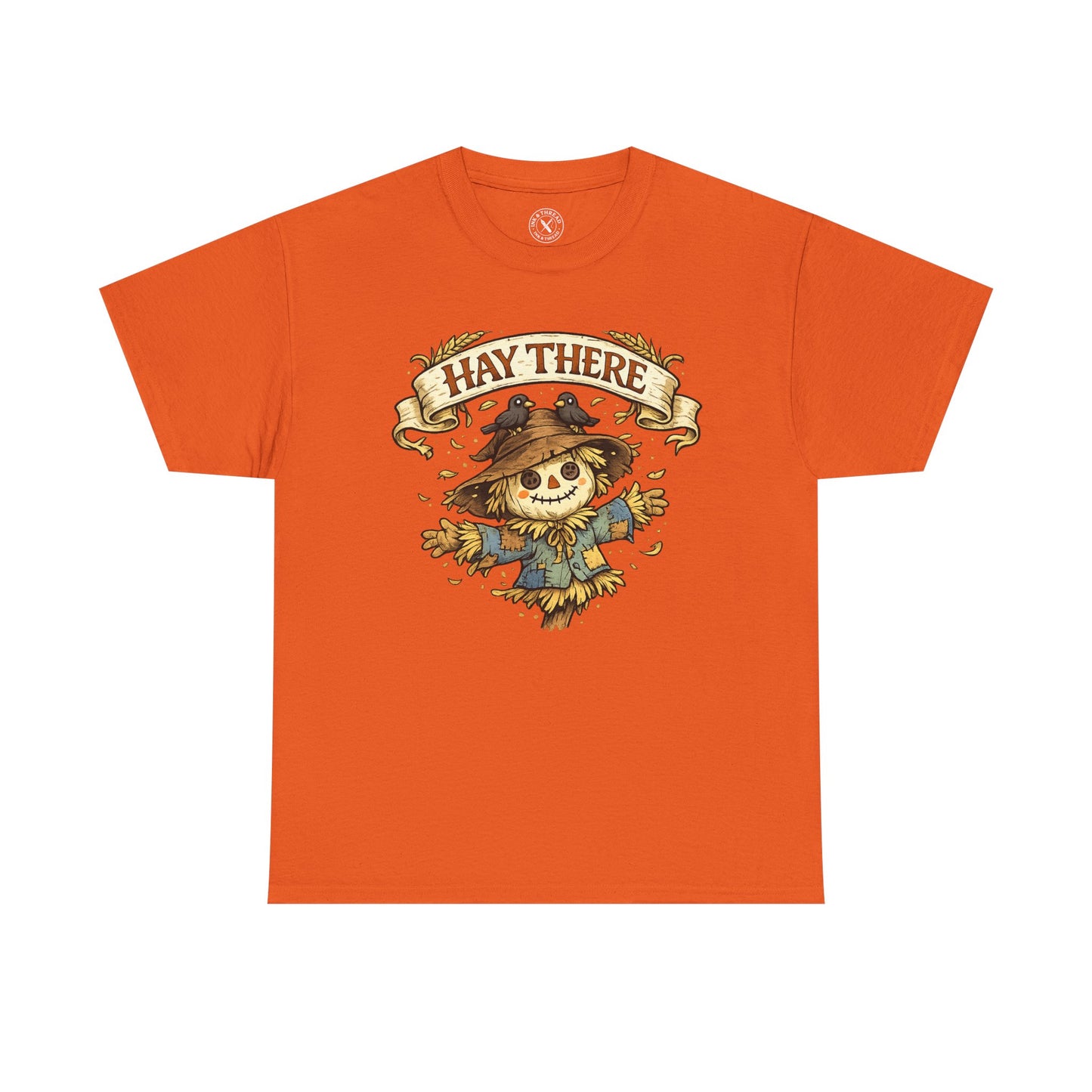 Hay There Scarecrow Halloween T-Shirt in Orange - Vintage Scarecrow with Crow Autumn Design Unisex Tee