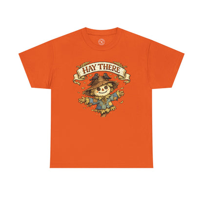 Hay There Scarecrow Halloween T-Shirt in Orange - Vintage Scarecrow with Crow Autumn Design Unisex Tee