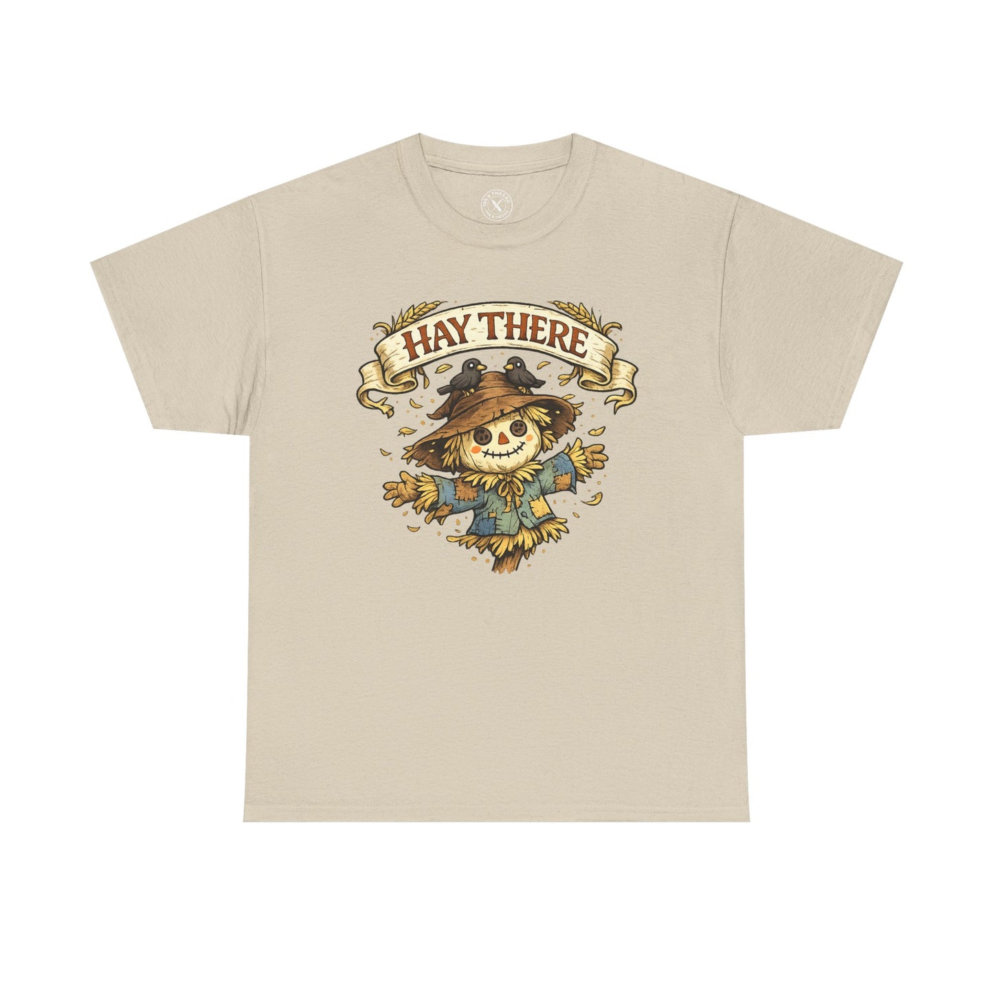 Hay There Scarecrow Halloween T-Shirt in Sand Beige - Vintage Scarecrow with Crow Autumn Design Unisex Tee