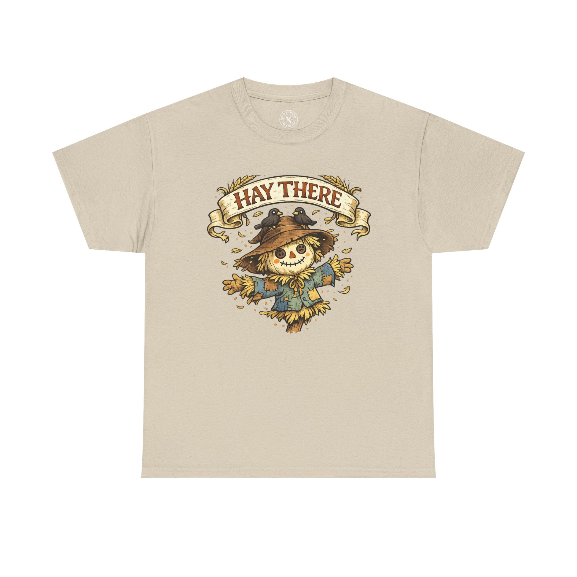 Hay There Scarecrow Halloween T-Shirt in Sand Beige - Vintage Scarecrow with Crow Autumn Design Unisex Tee