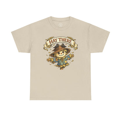 Hay There Scarecrow Halloween T-Shirt in Sand Beige - Vintage Scarecrow with Crow Autumn Design Unisex Tee