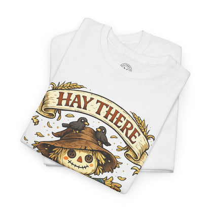 Hay There Scarecrow Halloween T-Shirt in White - Folded View with Scarecrow and Crow Design