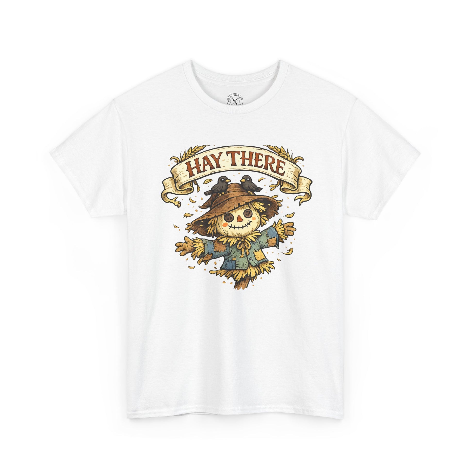 Hay There Scarecrow Halloween T-Shirt in White - Vintage Scarecrow with Crow Autumn Design Unisex Tee