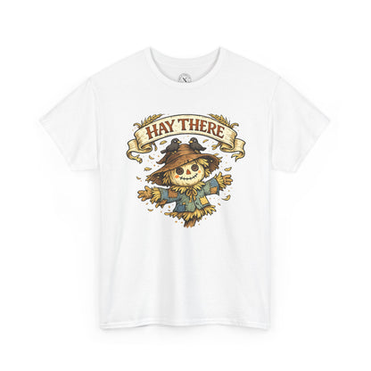 Hay There Scarecrow Halloween T-Shirt in White - Vintage Scarecrow with Crow Autumn Design Unisex Tee