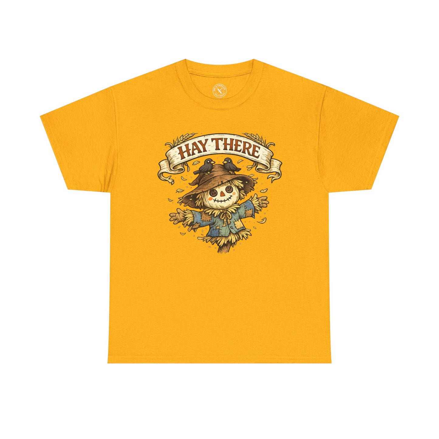 Hay There Scarecrow Halloween T-Shirt in Yellow - Vintage Scarecrow with Crow Autumn Design Unisex Tee