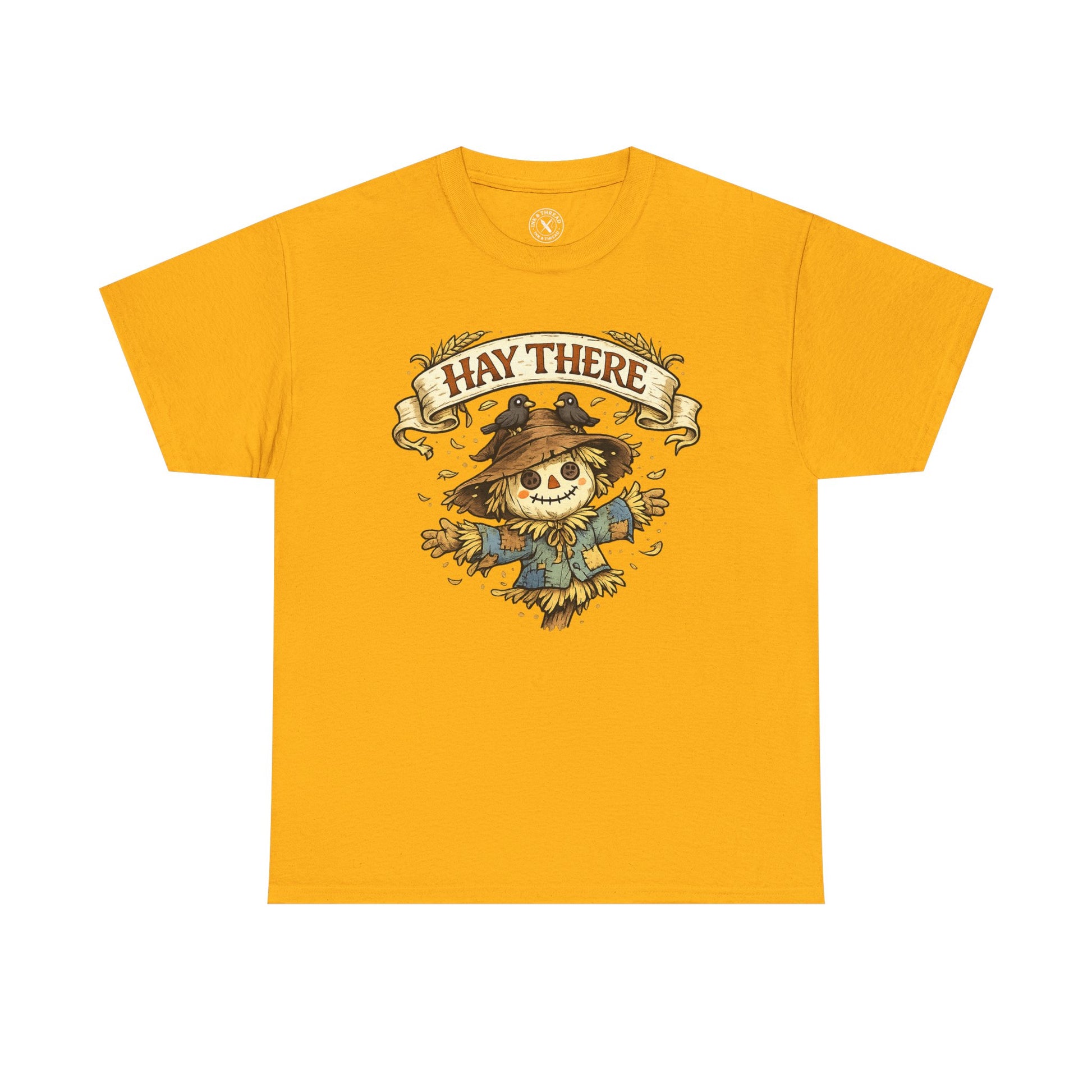 Hay There Scarecrow Halloween T-Shirt in Yellow - Vintage Scarecrow with Crow Autumn Design Unisex Tee