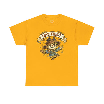 Hay There Scarecrow Halloween T-Shirt in Yellow - Vintage Scarecrow with Crow Autumn Design Unisex Tee