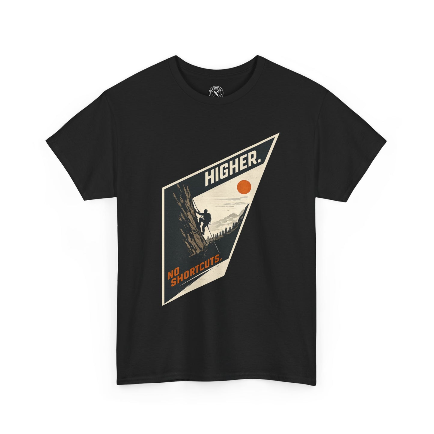 Black unisex t-shirt featuring Higher No Shortcuts mountain climbing graphic with rock climber and sun design