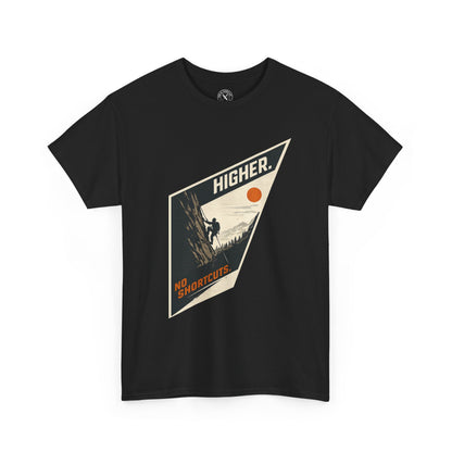 Black unisex t-shirt featuring Higher No Shortcuts mountain climbing graphic with rock climber and sun design