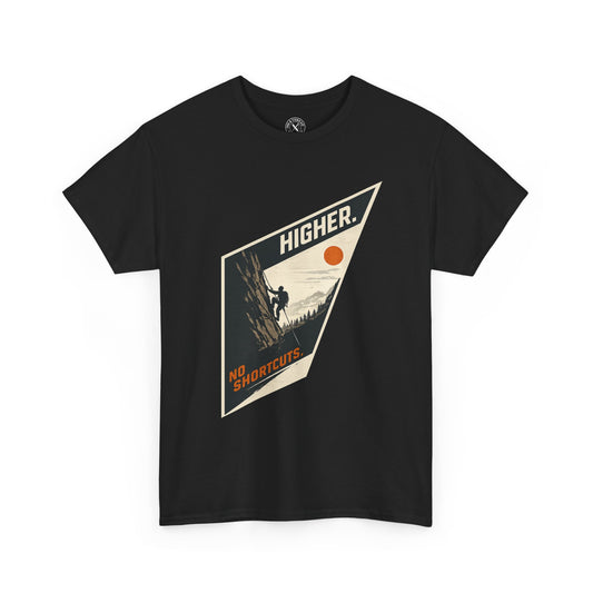 Black unisex t-shirt featuring Higher No Shortcuts mountain climbing graphic with rock climber and sun design