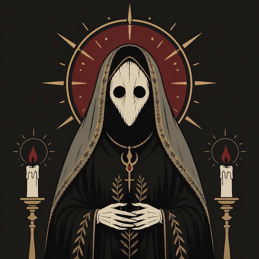 Flat hollow face figure with blank eyes, dark veil and ritual halo.
