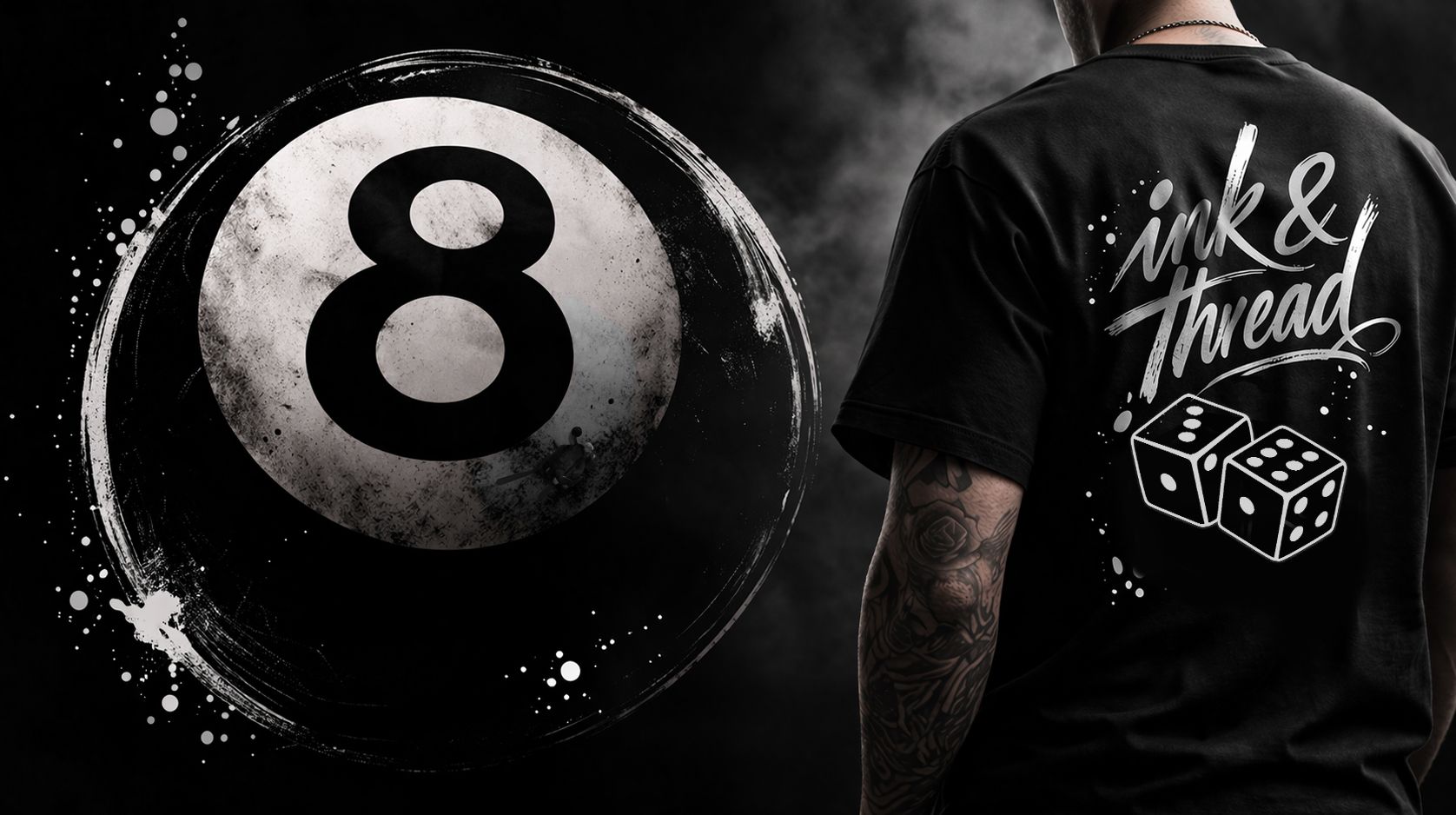 Person wearing Ink & Thread UK black t-shirt featuring an eight-ball and dice graphic logo design
