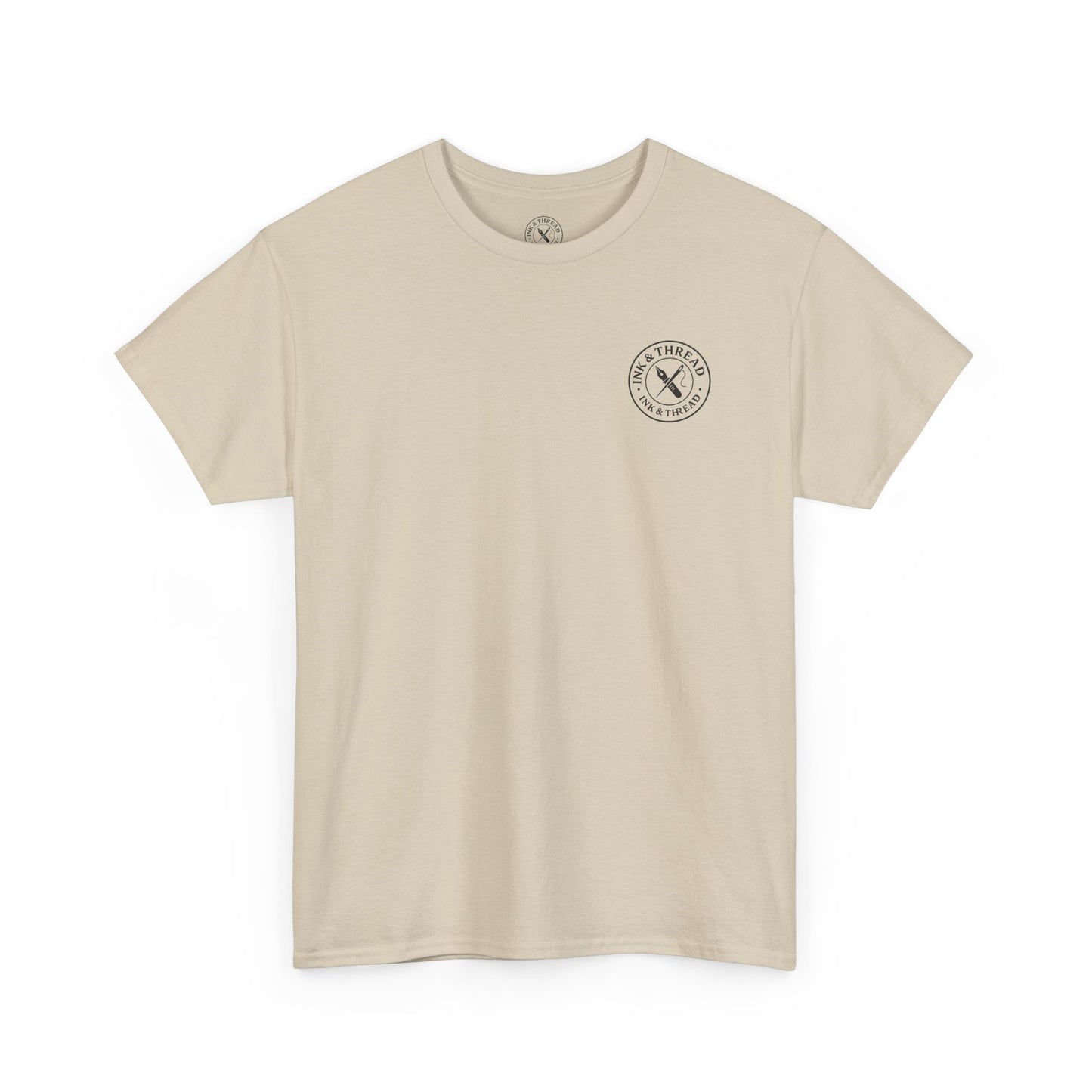 Ink and Thread UK beige sand coloured t-shirt with printed logo on chest, front view on white background