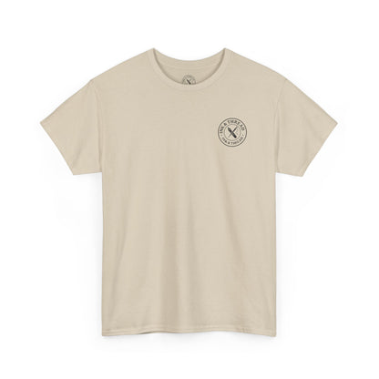 Ink and Thread UK beige sand coloured t-shirt with printed logo on chest, front view on white background