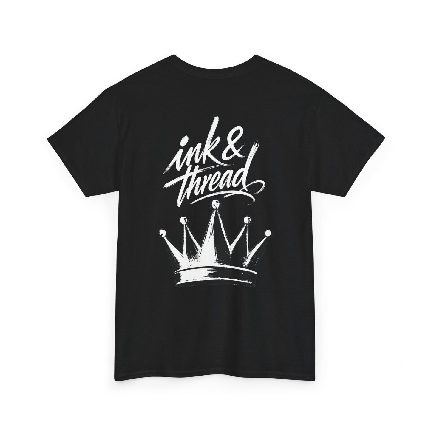 Ink & Thread UK black t-shirt with white script logo and crown graphic on front
